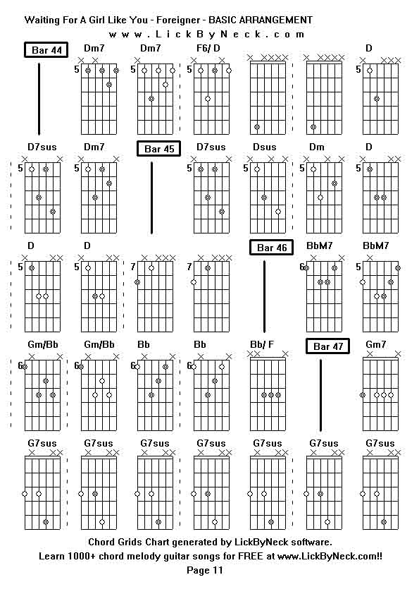 Chord Grids Chart of chord melody fingerstyle guitar song-Waiting For A Girl Like You - Foreigner - BASIC ARRANGEMENT,generated by LickByNeck software.